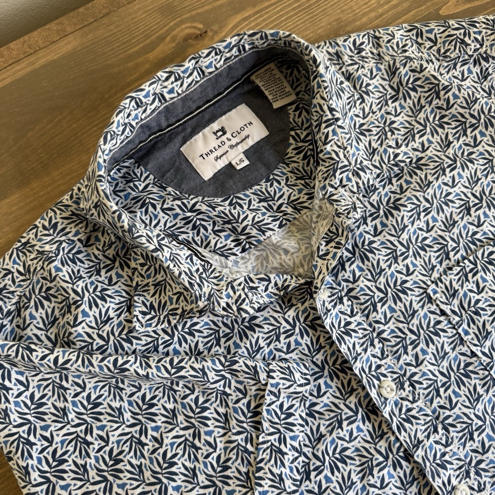 Thread & Cloth Mens Large Blue White Linen Blend Short Sleeve Button‎ Up Shirt